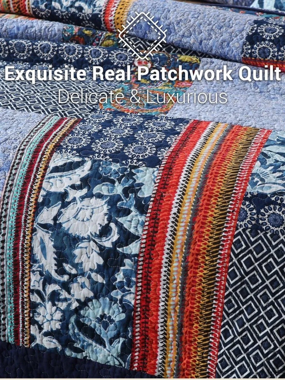 Floral Patchwork Quilted Bedspread Set - Navy Blue Multicolor